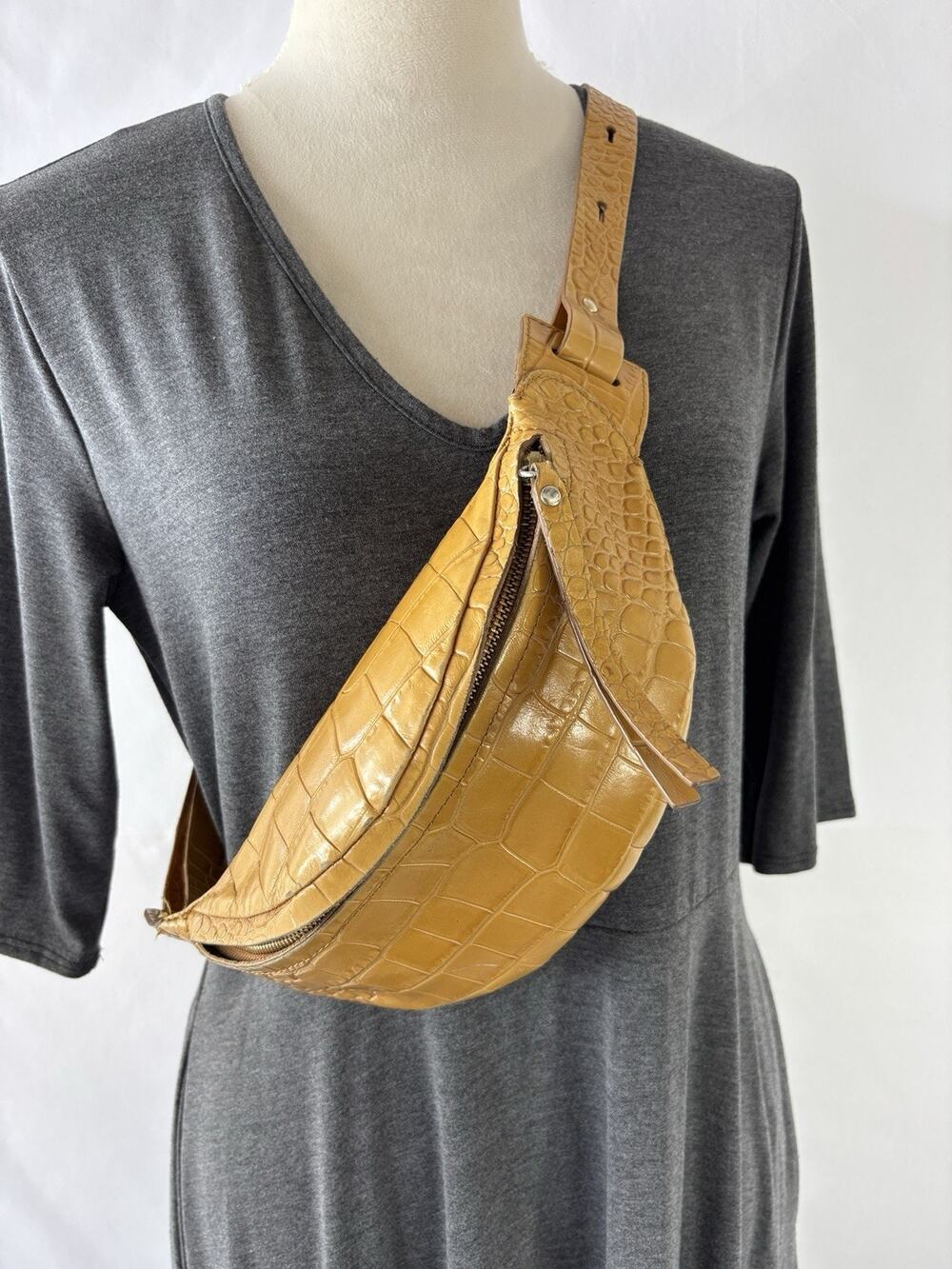 Nanushka Lubo Belt Bag Curry Brown Embossed Leather Crossbody Croc